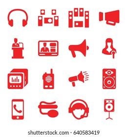 Speaker icons set. set of 16 speaker filled icons such as woman speaker, pin microphone, megaphone, operator, headset, audio system, walkie talkie