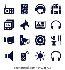 Speaker icons set. set of 16 speaker filled icons such as volume, tv speaker, headset, megaphone, operator, speaker, contrast, radio