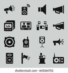Speaker icons set. set of 16 speaker filled icons such as megaphone, tv speaker, speaker, audio system, walkie talkie