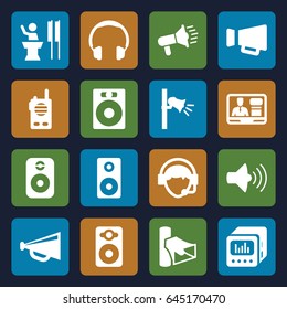 Speaker icons set. set of 16 speaker filled icons such as megaphone, volume, tv speaker, operator, walkie talkie