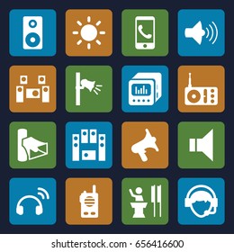 Speaker icons set. set of 16 speaker filled icons such as radio, volume, operator, megaphone, loud speaker set, contrast, audio system, headset, walkie talkie