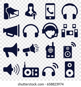 Speaker icons set. set of 16 speaker filled icons such as woman speaker, volume, headset, operator, loudspeaker, audio system, megaphone, music loudspeaker, walkie talkie