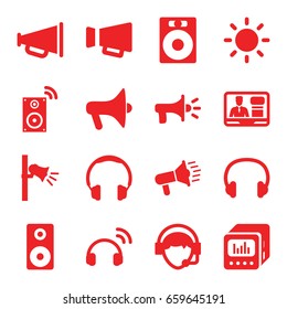 Speaker icons set. set of 16 speaker filled icons such as tv speaker, megaphone, operator, loud speaker with equalizer, headset, contrast