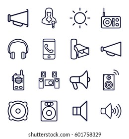 speaker icons set. Set of 16 speaker outline icons such as megaphone, woman speaker, volume, contrast, audio system, walkie talkie, phone call, headphones