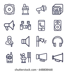 Speaker icons set. set of 16 speaker outline icons such as woman speaker, megaphone, audio system, walkie talkie, phone call