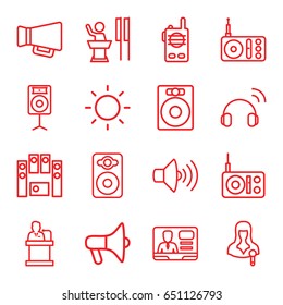 Speaker icons set. set of 16 speaker outline icons such as radio, woman speaker, volume, megaphone, contrast, headset