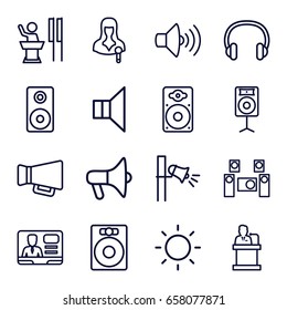 Speaker icons set. set of 16 speaker outline icons such as woman speaker, volume, megaphone, headset, contrast
