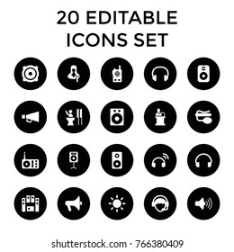 Speaker icons. set of 20 editable filled speaker icons such as speaker, megaphone, radio, volume, pin microphone, headset, operator, contrast