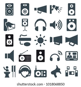 Speaker icons. set of 25 editable filled speaker icons such as speaker, radio, volume, megaphone, operator, contrast, audio system, headset, headphones