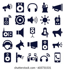 Speaker icons set. set of 25 speaker filled icons such as woman speaker, volume, megaphone, operator, speaker, headset, contrast, audio system, walkie talkie, radio