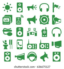 Speaker icons set. set of 25 speaker filled icons such as megaphone, radio, volume, pin microphone, speaker, operator, loud speaker with equalizer, headset, contrast
