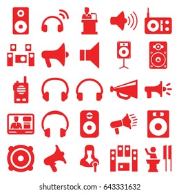 Speaker icons set. set of 25 speaker filled icons such as megaphone, woman speaker, volume, headset, audio system, walkie talkie, radio