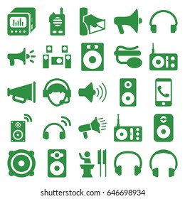 Speaker icons set. set of 25 speaker filled icons such as radio, volume, pin microphone, headset, speaker, operator, loud speaker with equalizer, audio system, megaphone