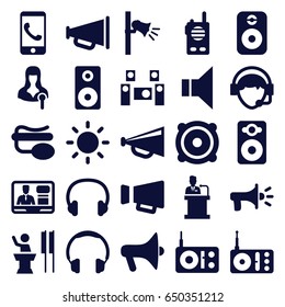 Speaker icons set. set of 25 speaker filled icons such as megaphone, radio, woman speaker, pin microphone, operator, headset, contrast, audio system, walkie talkie, phone call