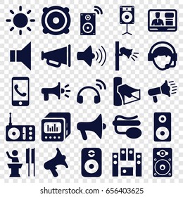 Speaker icons set. set of 25 speaker filled icons such as radio, volume, tv speaker, pin microphone, operator, megaphone, speaker, contrast, headset