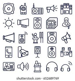 Speaker icons set. set of 25 speaker outline icons such as radio, woman speaker, volume, tv speaker, headset, megaphone, contrast, audio system, walkie talkie