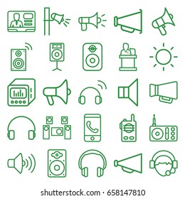 Speaker icons set. set of 25 speaker outline icons such as megaphone, radio, volume, tv speaker, headset, operator, loudspeaker, contrast, audio system, walkie talkie
