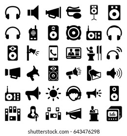 Speaker icons set. set of 36 speaker filled icons such as megaphone, radio, woman speaker, volume, pin microphone, headset, operator, contrast, audio system, walkie talkie