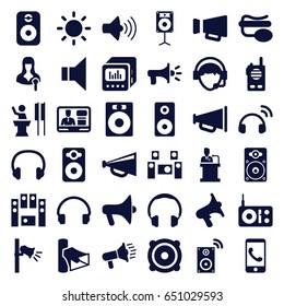 Speaker icons set. set of 36 speaker filled icons such as megaphone, woman speaker, volume, tv speaker, pin microphone, headset, operator, contrast, audio system