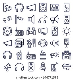 Speaker icons set. set of 36 speaker outline icons such as megaphone, radio, woman speaker, volume, tv speaker, pin microphone, headset, operator, contrast, audio system