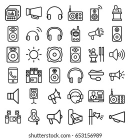 Speaker icons set. set of 36 speaker outline icons such as megaphone, radio, woman speaker, volume, tv speaker, pin microphone, headset, operator, contrast, audio system