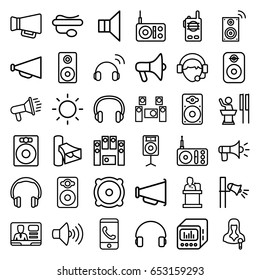 Speaker icons set. set of 36 speaker outline icons such as megaphone, radio, woman speaker, volume, tv speaker, pin microphone, headset, operator, contrast, audio system