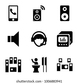 Speaker icons. set of 9 editable filled speaker icons such as operator, megaphone, loud speaker set, loud speaker with equalizer, audio system