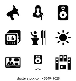 speaker icons set. Set of 9 speaker filled icons such as woman speaker, volume