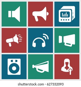 Speaker icons set. set of 9 speaker filled icons such as megaphone