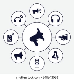 Speaker icons set. set of 9 speaker filled icons such as megaphone, woman speaker, volume, loudspeaker, headset