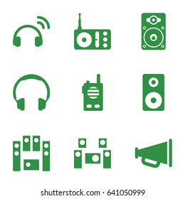 Speaker icons set. set of 9 speaker filled icons such as radio, loud speaker set, loudspeaker, audio system, megaphone, headset, walkie talkie