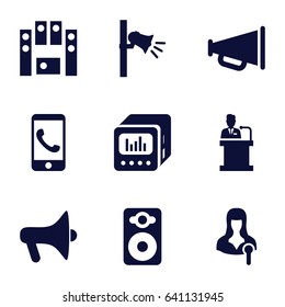 Speaker icons set. set of 9 speaker filled icons such as megaphone