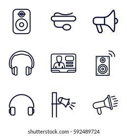 speaker icons set. Set of 9 speaker outline icons such as TV speaker, pin microphone, headset, megaphone