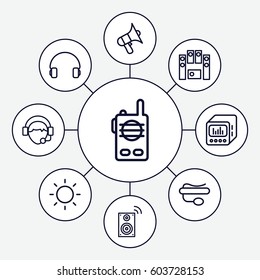 Speaker icons set. set of 9 speaker outline icons such as volume, pin microphone, headset, operator, loud speaker set, contrast