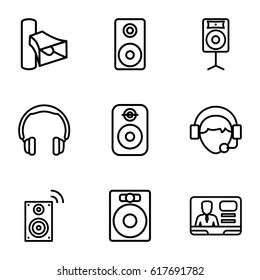 Speaker icons set. set of 9 speaker outline icons such as volume, TV speaker, operator, loudspeaker