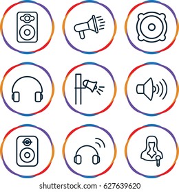 Speaker icons set. set of 9 speaker outline icons such as volume, headset