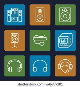 Speaker icons set. set of 9 speaker outline icons such as pin microphone, headset, operator