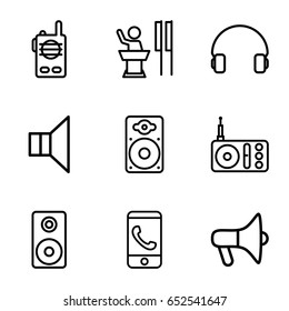 Speaker icons set. set of 9 speaker outline icons such as radio, headset, megaphone, loudspeaker, walkie talkie, speaker