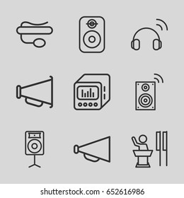 Speaker icons set. set of 9 speaker outline icons such as megaphone, pin microphone, loud speaker with equalizer, loudspeaker