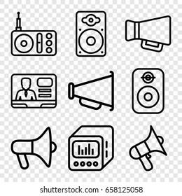 Speaker icons set. set of 9 speaker outline icons such as radio, volume, tv speaker