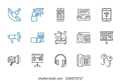 speaker icons set. Collection of speaker with earphones, telephone, headphones, presentation, megaphone, radio, gramophone, mobile phone. Editable and scalable speaker icons.