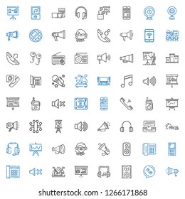 speaker icons set. Collection of speaker with megaphone, phone call, headphones, presentation, mobile phone, mute, telephone, teacher, protest. Editable and scalable speaker icons.