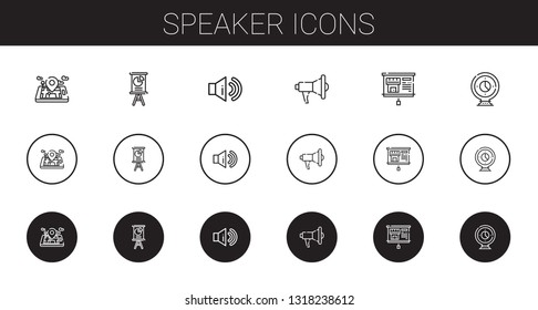 speaker icons set. Collection of speaker with mobile phone, presentation, sound, megaphone, webcam. Editable and scalable speaker icons.