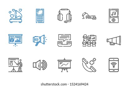speaker icons set. Collection of speaker with mobile phone, phone call, presentation, sound, megaphone, music player, earphone, headphones. Editable and scalable speaker icons.