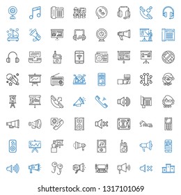 speaker icons set. Collection of speaker with podium, mute, home cinema, megaphone, earphones, mobile phone, walkie talkie, music player. Editable and scalable speaker icons.