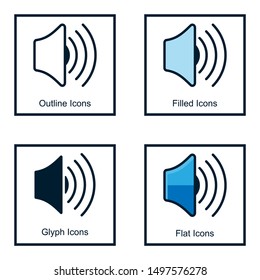 SPEAKER ICONS WITH SOME STYLES, ICON OUTLINES, FILLED ICON, GLYPH ICON, FLAT ICON