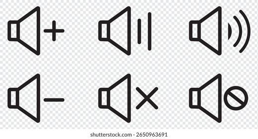 Ícones de alto-falante. Ícone de som definido. Ícone da linha de volume de som. Ilustração de vetor de ícones de controle de volume de som em plano de fundo transparente. Ilustração vetorial.