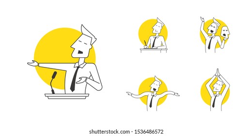 Speaker icons in various poses and manifestations of professional skills. Line design icons for explaining the practical components of oratory: leadership, success, influence, freedom, will and other