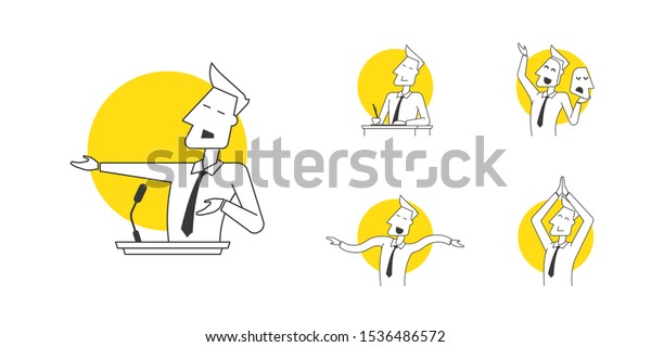 Speaker icons in various poses and manifestations\
of professional skills. Line design icons for explaining the\
practical components of oratory: leadership, success, influence,\
freedom, will and\
other