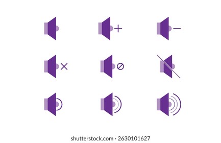 Speaker Icons, Volume Control Icon Set. Each icon is crafted in a clean, minimalistic style suitable for user interfaces, mobile apps, or multimedia projects.